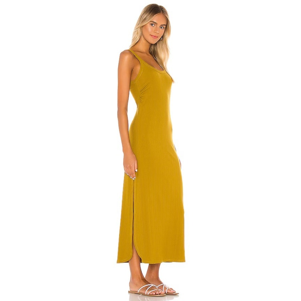 Vitamin A Ribbed Midi Dress S Mustard Gold Sleeveless Minimalist Bodycon